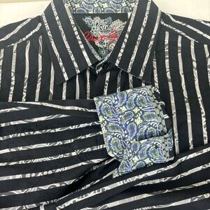 Robert Graham Men’s blk stripe over grey floral/paisley cuff-Large